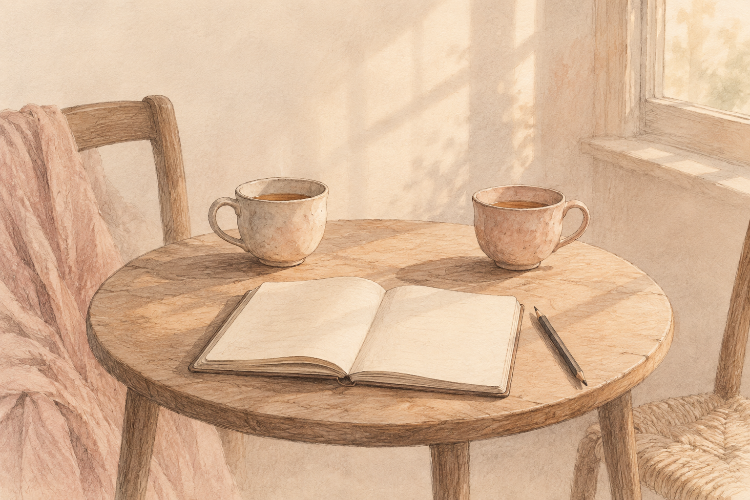 Deux tasses et un carnet pour notre premier échange