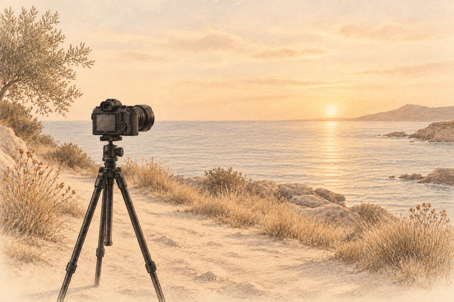 Un appareil photo sur trépied face à la mer au coucher du soleil