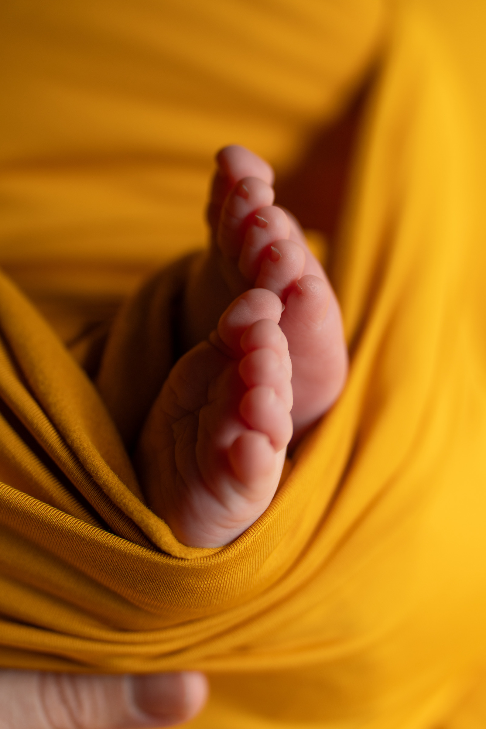 Les pieds d’un bébé dans un tissu jaune