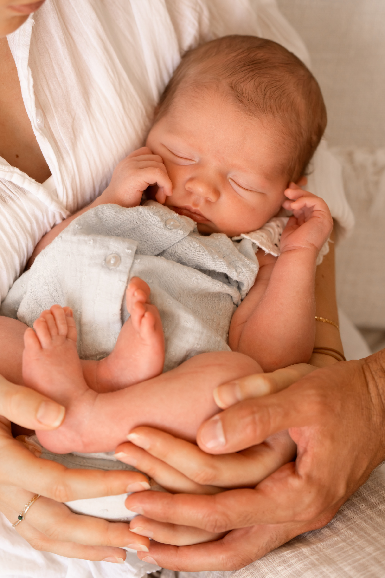 Un nouveau-né endormi dans les mains d’un adulte